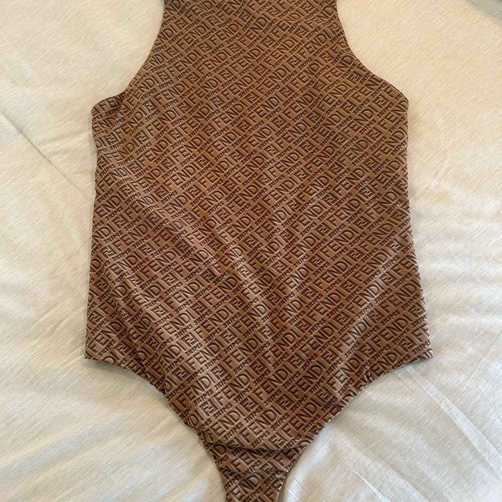 SKIMS-FENDI Brown Bodysuit with Geometric Pattern